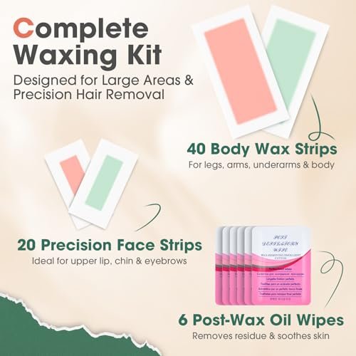 Pacifoo Wax Strips for Hair Removal – 60 Count (40 Large Body & 20 Face) Ready to Use Cold Waxing Kit for Women & Men – Bikini, Underarm, Legs, Arms, Upper Lip, Chin, Sensitive Skin Avelisse