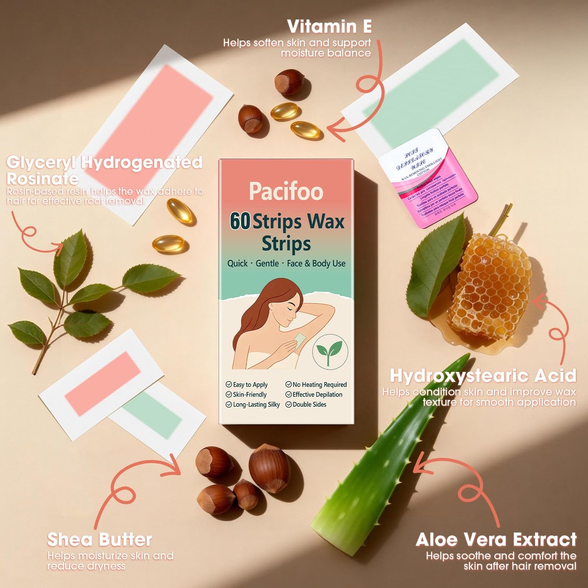 Pacifoo Wax Strips for Hair Removal – 60 Count (40 Large Body & 20 Face) Ready to Use Cold Waxing Kit for Women & Men – Bikini, Underarm, Legs, Arms, Upper Lip, Chin, Sensitive Skin Avelisse
