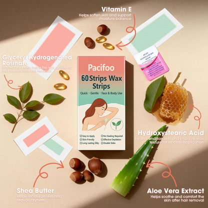 Pacifoo Wax Strips for Hair Removal – 60 Count (40 Large Body & 20 Face) Ready to Use Cold Waxing Kit for Women & Men – Bikini, Underarm, Legs, Arms, Upper Lip, Chin, Sensitive Skin Avelisse