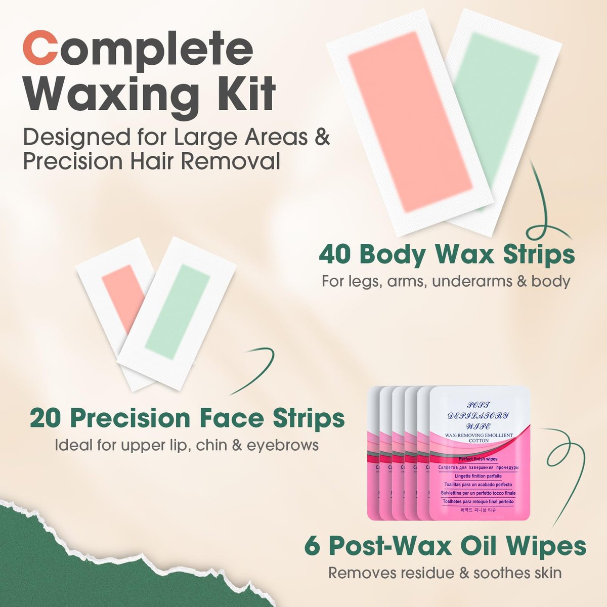 Pacifoo Wax Strips for Hair Removal – 60 Count (40 Large Body & 20 Face) Ready to Use Cold Waxing Kit for Women & Men – Bikini, Underarm, Legs, Arms, Upper Lip, Chin, Sensitive Skin Avelisse