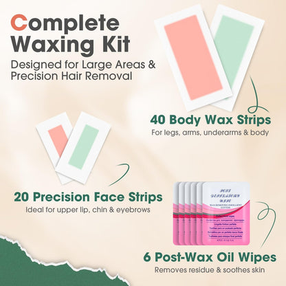 Pacifoo Wax Strips for Hair Removal – 60 Count (40 Large Body & 20 Face) Ready to Use Cold Waxing Kit for Women & Men – Bikini, Underarm, Legs, Arms, Upper Lip, Chin, Sensitive Skin Avelisse
