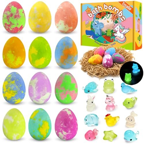 Easter Bath Bombs for Kids with Toys Inside - 12 Pack Glow-in-The-Dark Surprise Fizz Balls, Gentle & Safe, Perfect Basket Stuffers for Girls & Boys Avelisse