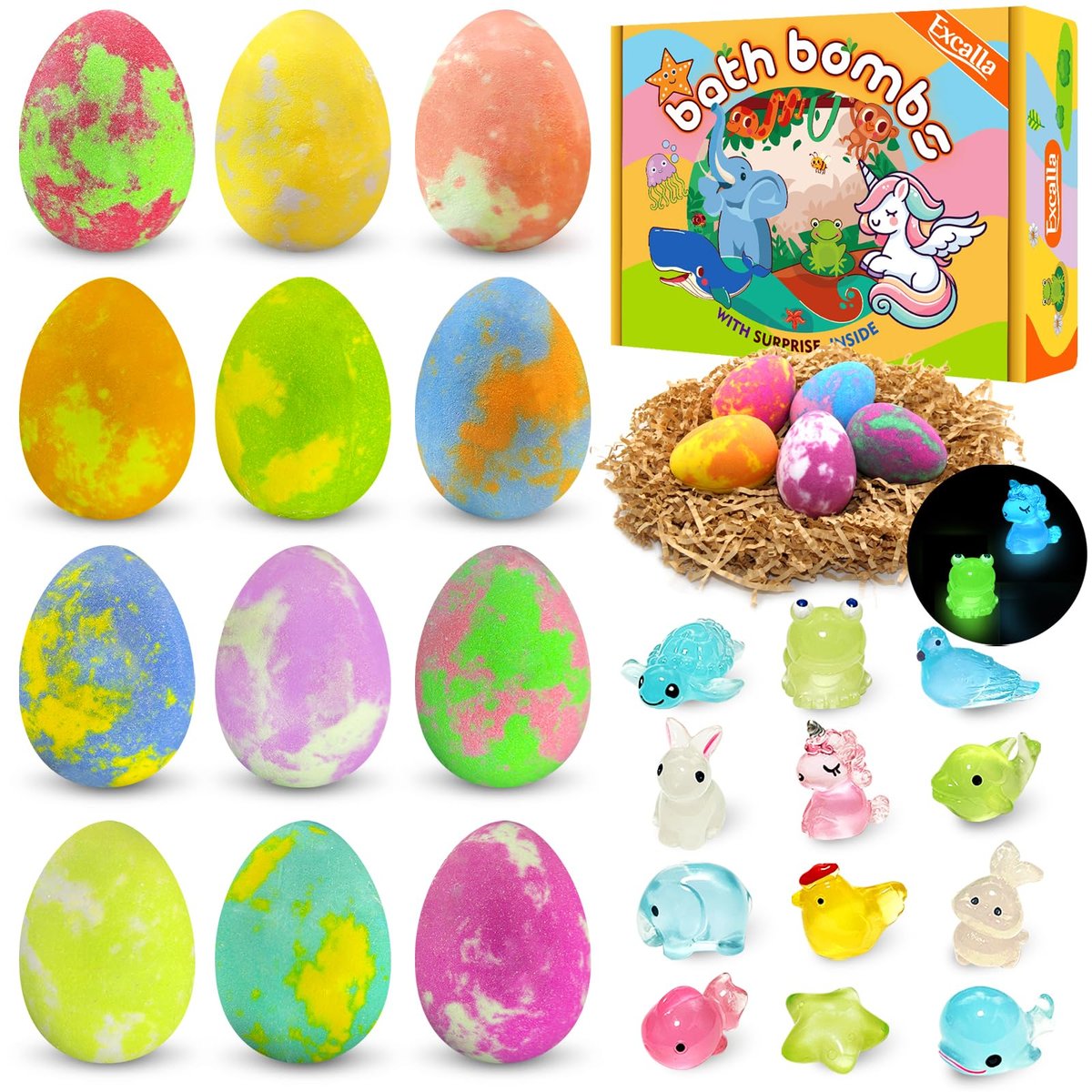 Easter Bath Bombs for Kids with Toys Inside - 12 Pack Glow-in-The-Dark Surprise Fizz Balls, Gentle & Safe, Perfect Basket Stuffers for Girls & Boys Avelisse
