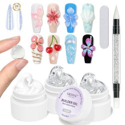 MIZHSE 3PCS 3D Sculpting Gel Nail Art - Clear White 5 in 1 Solid Builder Gel Set for UV LED Hard Gel Nails with Dual Forms