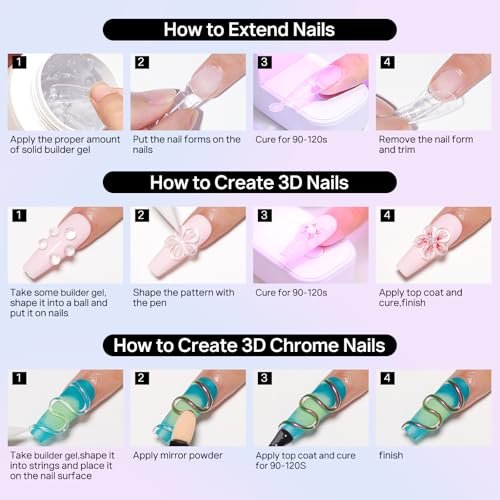 MIZHSE 3PCS 3D Sculpting Gel Nail Art - Clear White 5 in 1 Solid Builder Gel Set for UV LED Hard Gel Nails with Dual Forms - görsel 14