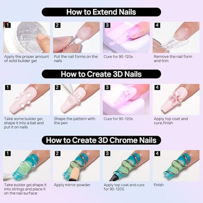 MIZHSE 3PCS 3D Sculpting Gel Nail Art - Clear White 5 in 1 Solid Builder Gel Set for UV LED Hard Gel Nails with Dual Forms