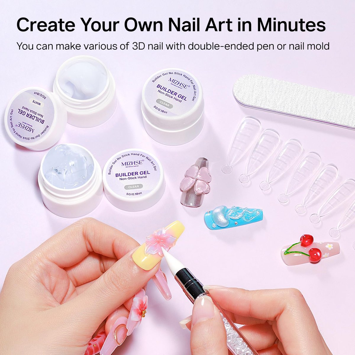 MIZHSE 3PCS 3D Sculpting Gel Nail Art - Clear White 5 in 1 Solid Builder Gel Set for UV LED Hard Gel Nails with Dual Forms - görsel 9