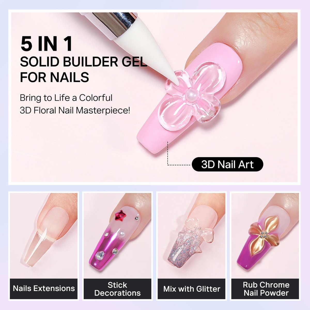 MIZHSE 3PCS 3D Sculpting Gel Nail Art - Clear White 5 in 1 Solid Builder Gel Set for UV LED Hard Gel Nails with Dual Forms - görsel 3