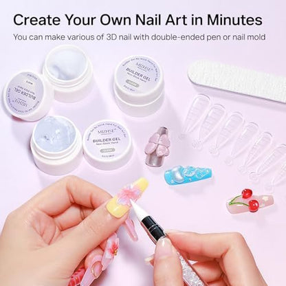 MIZHSE 3PCS 3D Sculpting Gel Nail Art - Clear White 5 in 1 Solid Builder Gel Set for UV LED Hard Gel Nails with Dual Forms