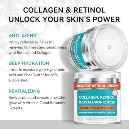 XIANUI Retinol Face Cream with Collagen & Hyaluronic Acid - Anti Aging & Firming Face Moisturizer for Women & Men - Wrinkle Reduction Night & Day Cream, 1.7 Fl Oz Avelisse