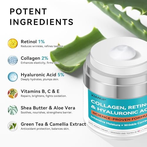 XIANUI Retinol Face Cream with Collagen & Hyaluronic Acid - Anti Aging & Firming Face Moisturizer for Women & Men - Wrinkle Reduction Night & Day Cream, 1.7 Fl Oz Avelisse