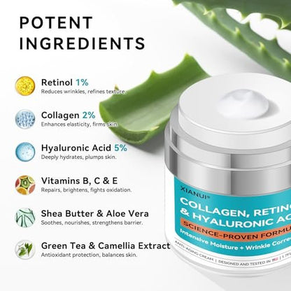 XIANUI Retinol Face Cream with Collagen & Hyaluronic Acid - Anti Aging & Firming Face Moisturizer for Women & Men - Wrinkle Reduction Night & Day Cream, 1.7 Fl Oz Avelisse
