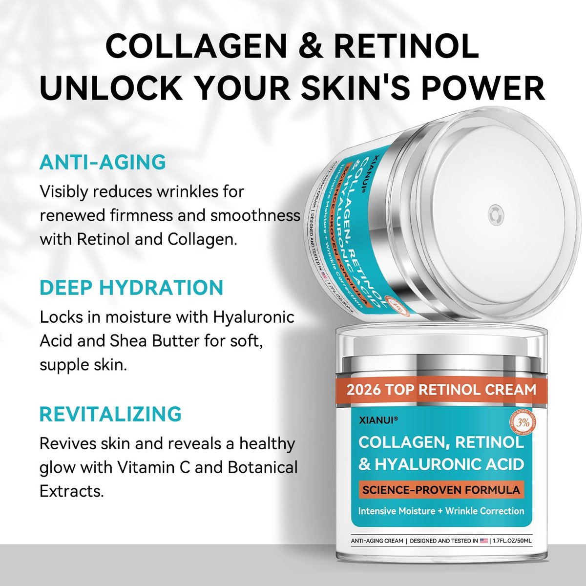 XIANUI Retinol Face Cream with Collagen & Hyaluronic Acid - Anti Aging & Firming Face Moisturizer for Women & Men - Wrinkle Reduction Night & Day Cream, 1.7 Fl Oz Avelisse