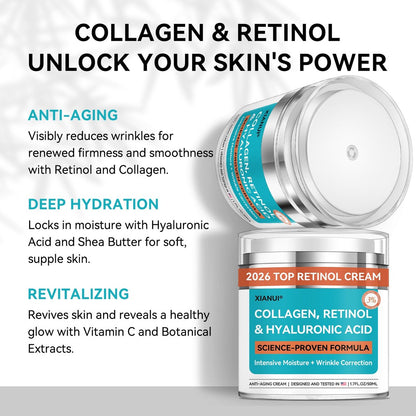 XIANUI Retinol Face Cream with Collagen & Hyaluronic Acid - Anti Aging & Firming Face Moisturizer for Women & Men - Wrinkle Reduction Night & Day Cream, 1.7 Fl Oz Avelisse
