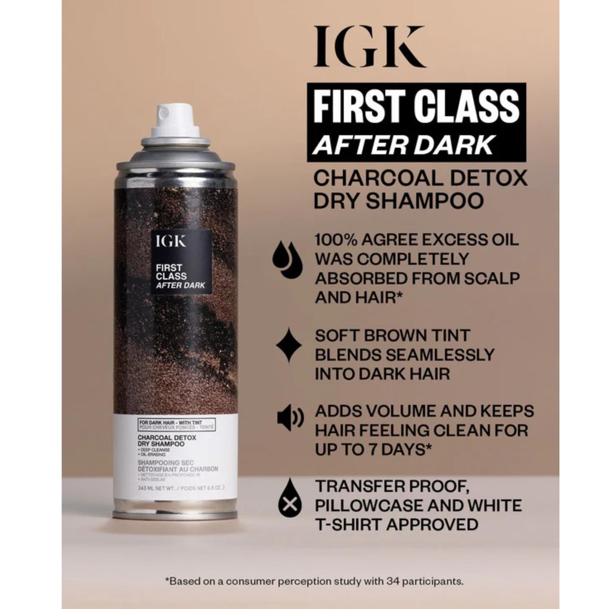 IGK First Class After Dark Charcoal Detox Dry Shampoo for Dark & Brunette Hair - Brown Tint, No White Residue, Oil Absorbing & Odor Eliminating - 6.5 oz Avelisse