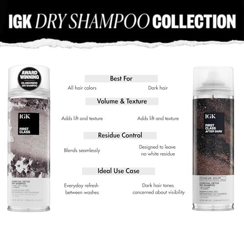 IGK First Class After Dark Charcoal Detox Dry Shampoo for Dark & Brunette Hair - Brown Tint, No White Residue, Oil Absorbing & Odor Eliminating - 6.5 oz Avelisse