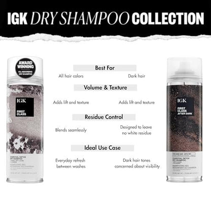 IGK First Class After Dark Charcoal Detox Dry Shampoo for Dark & Brunette Hair - Brown Tint, No White Residue, Oil Absorbing & Odor Eliminating - 6.5 oz Avelisse