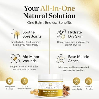 Vitality Extracts Three Kings Balm - 2oz | Frankincense, Myrrh & Sandalwood | Ultra-Hydrating Relief & Soft Skin Avelisse