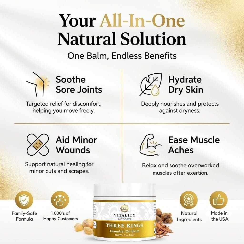 Vitality Extracts Three Kings Balm - 2oz | Frankincense, Myrrh & Sandalwood | Ultra-Hydrating Relief & Soft Skin Avelisse