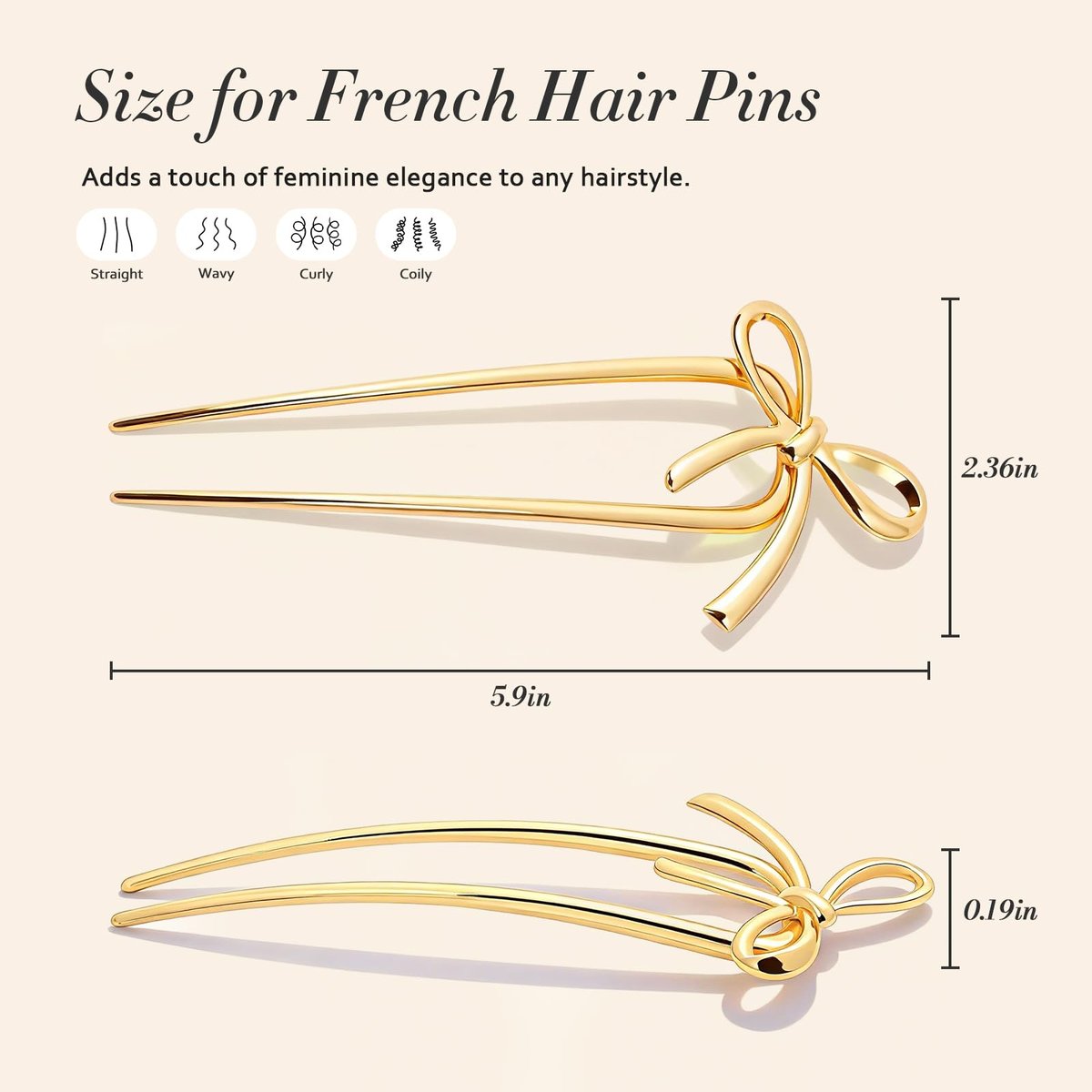 Molizummy 2PCS Gold Metal French Hair Pins for Women - Elegant U Shaped Bow Design Hairpins for Buns and Updos, 5.5 Inches Large Secure Hold Styling Accessories Avelisse