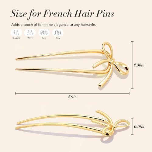 Molizummy 2PCS Gold Metal French Hair Pins for Women - Elegant U Shaped Bow Design Hairpins for Buns and Updos, 5.5 Inches Large Secure Hold Styling Accessories Avelisse