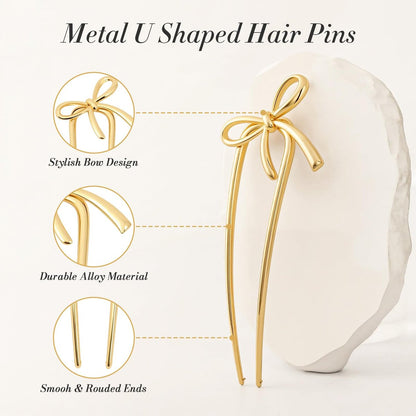 Molizummy 2PCS Gold Metal French Hair Pins for Women - Elegant U Shaped Bow Design Hairpins for Buns and Updos, 5.5 Inches Large Secure Hold Styling Accessories Avelisse
