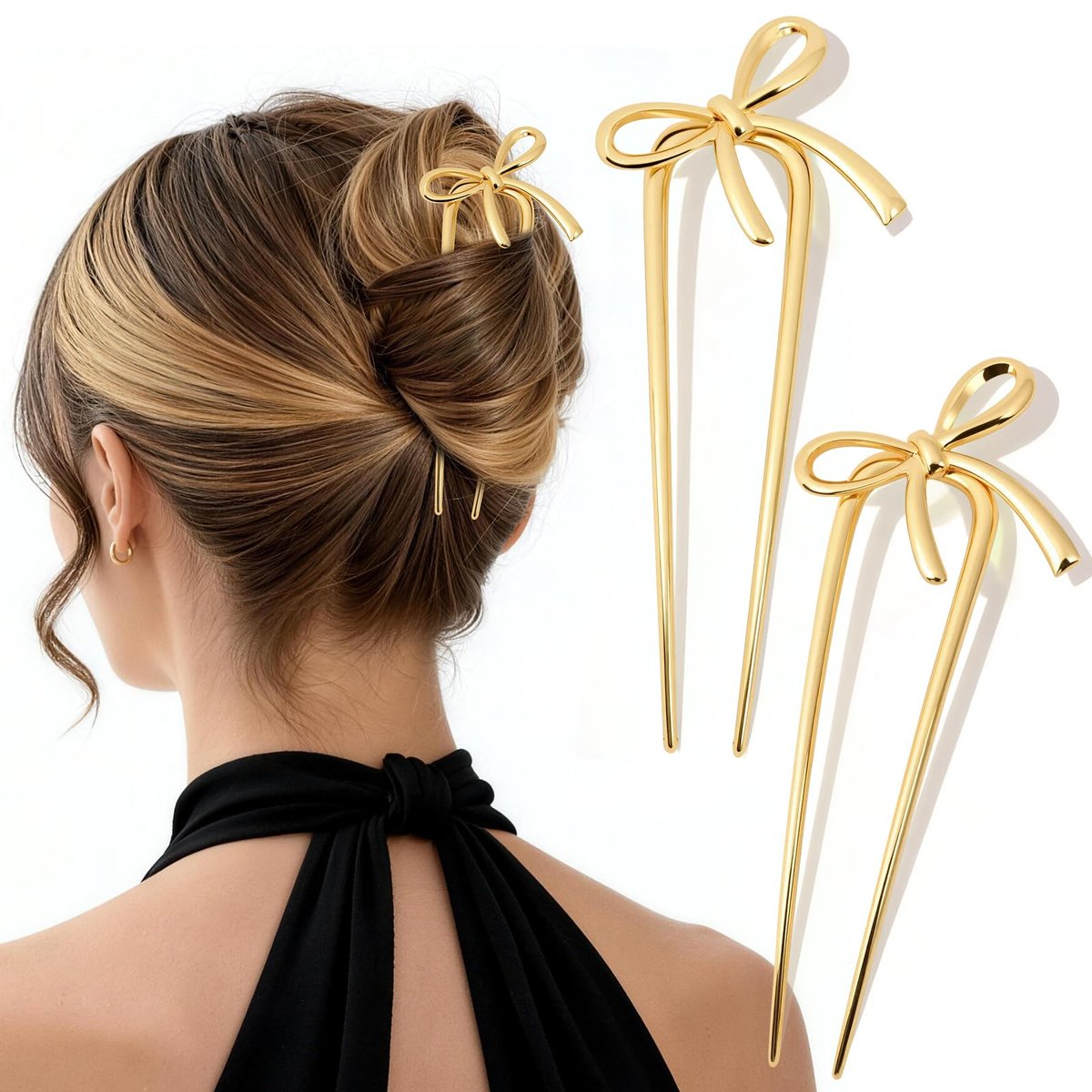 Molizummy 2PCS Gold Metal French Hair Pins for Women - Elegant U Shaped Bow Design Hairpins for Buns and Updos, 5.5 Inches Large Secure Hold Styling Accessories Avelisse