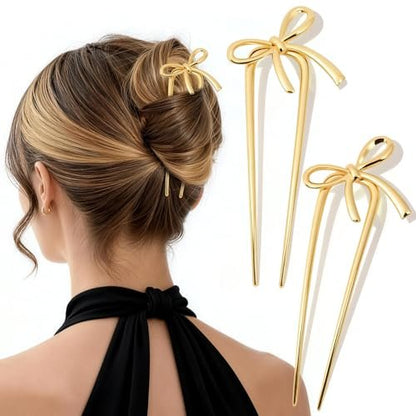 Molizummy 2PCS Gold Metal French Hair Pins for Women - Elegant U Shaped Bow Design Hairpins for Buns and Updos, 5.5 Inches Large Secure Hold Styling Accessories Avelisse