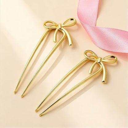 Molizummy 2PCS Gold Metal French Hair Pins for Women - Elegant U Shaped Bow Design Hairpins for Buns and Updos, 5.5 Inches Large Secure Hold Styling Accessories Avelisse