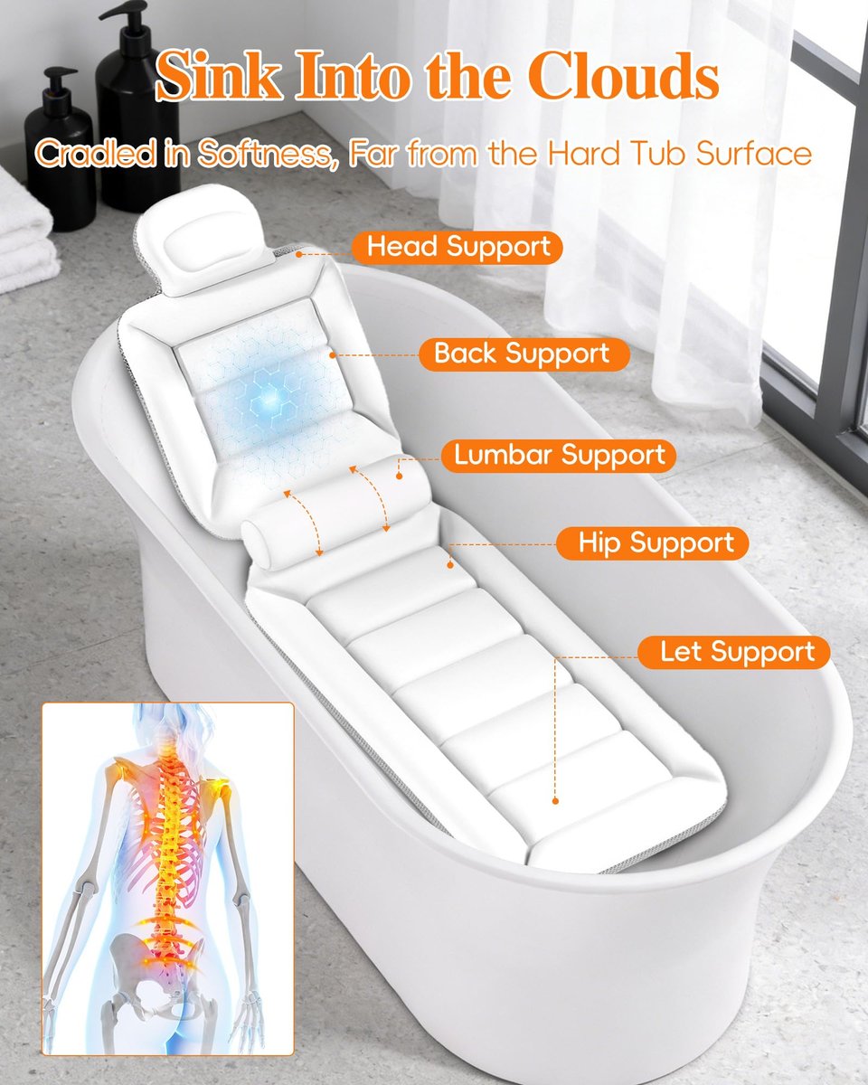 Full Body Bath Pillow for Bathtub, Thick Luxury Bathtub Cushion with Movable Lumbar Support and Laundry Bag – Bathtub Pillows for Head, Neck and Back Support, Bathtub Accessories for Women Spa Gift Avelisse