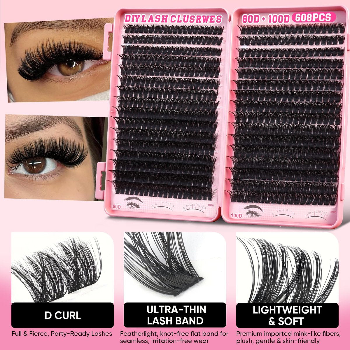 KINDSHINE Lash Clusters Kit Wispy 608pcs D Curl 80D & 100D, 12-20mm Natural Individual Eyelash Clusters, DIY Eyelash Extension for Beginners - görsel 7