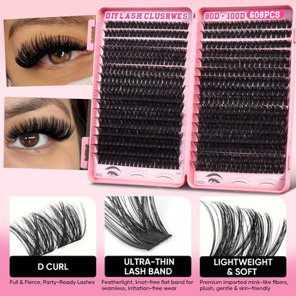 KINDSHINE Lash Clusters Kit Wispy 608pcs D Curl 80D & 100D, 12-20mm Natural Individual Eyelash Clusters, DIY Eyelash Extension for Beginners