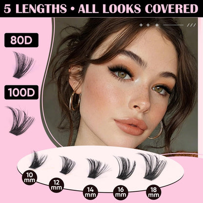 KINDSHINE Lash Clusters Kit Wispy 608pcs D Curl 80D & 100D, 12-20mm Natural Individual Eyelash Clusters, DIY Eyelash Extension for Beginners