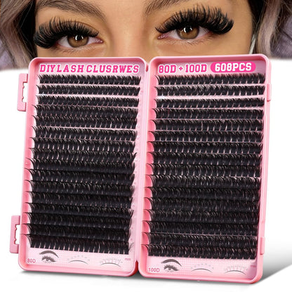 KINDSHINE Lash Clusters Kit Wispy 608pcs D Curl 80D & 100D, 12-20mm Natural Individual Eyelash Clusters, DIY Eyelash Extension for Beginners