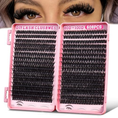 KINDSHINE Lash Clusters Kit Wispy 608pcs D Curl 80D & 100D, 12-20mm Natural Individual Eyelash Clusters, DIY Eyelash Extension for Beginners