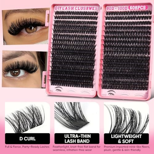 KINDSHINE Lash Clusters Kit Wispy 608pcs D Curl 80D & 100D, 12-20mm Natural Individual Eyelash Clusters, DIY Eyelash Extension for Beginners - görsel 8