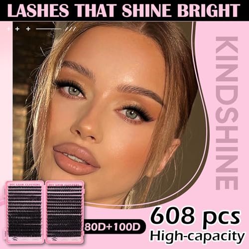 KINDSHINE Lash Clusters Kit Wispy 608pcs D Curl 80D & 100D, 12-20mm Natural Individual Eyelash Clusters, DIY Eyelash Extension for Beginners - görsel 4
