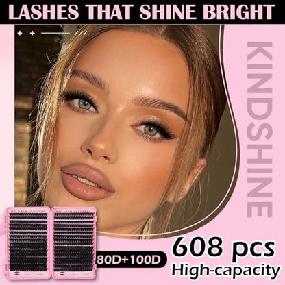 KINDSHINE Lash Clusters Kit Wispy 608pcs D Curl 80D & 100D, 12-20mm Natural Individual Eyelash Clusters, DIY Eyelash Extension for Beginners