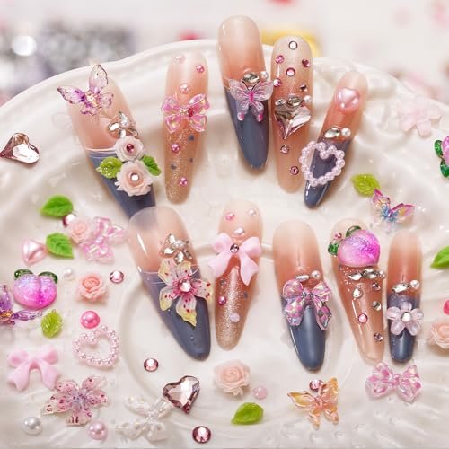 28 Grids Nail Charms Kit with Rhinestones for Nails - 3D Kawaii Bows, Cherry, Flowers, Butterfly, Red Pink Gold Nail Gems, Pearls & Metal Studs - DIY Manicure Art Supplies with Wax Pen & Tweezers - görsel 8