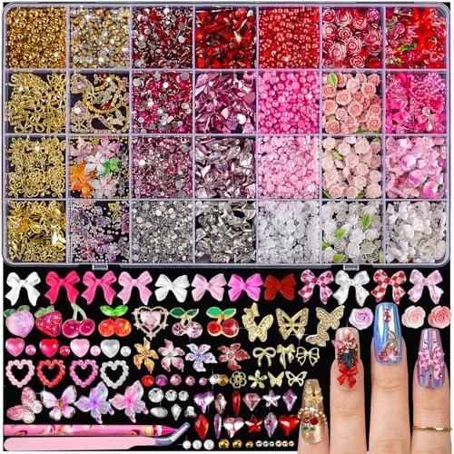 28 Grids Nail Charms Kit with Rhinestones for Nails - 3D Kawaii Bows, Cherry, Flowers, Butterfly, Red Pink Gold Nail Gems, Pearls & Metal Studs - DIY Manicure Art Supplies with Wax Pen & Tweezers - görsel 2