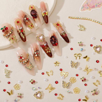 28 Grids Nail Charms Kit with Rhinestones for Nails - 3D Kawaii Bows, Cherry, Flowers, Butterfly, Red Pink Gold Nail Gems, Pearls & Metal Studs - DIY Manicure Art Supplies with Wax Pen & Tweezers