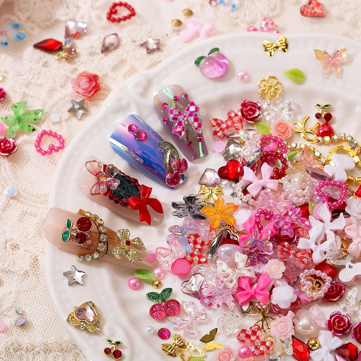 28 Grids Nail Charms Kit with Rhinestones for Nails - 3D Kawaii Bows, Cherry, Flowers, Butterfly, Red Pink Gold Nail Gems, Pearls & Metal Studs - DIY Manicure Art Supplies with Wax Pen & Tweezers - görsel 3