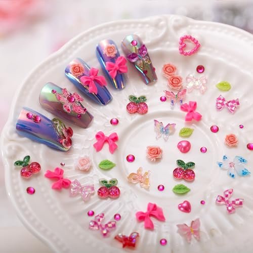 28 Grids Nail Charms Kit with Rhinestones for Nails - 3D Kawaii Bows, Cherry, Flowers, Butterfly, Red Pink Gold Nail Gems, Pearls & Metal Studs - DIY Manicure Art Supplies with Wax Pen & Tweezers - görsel 10