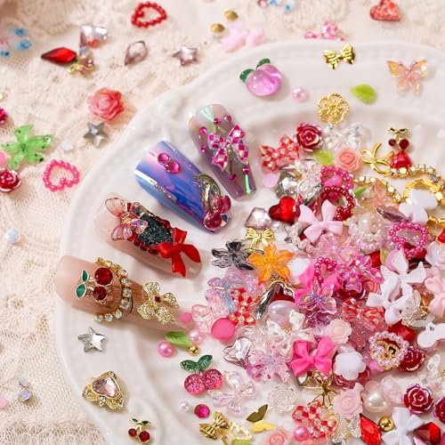 28 Grids Nail Charms Kit with Rhinestones for Nails - 3D Kawaii Bows, Cherry, Flowers, Butterfly, Red Pink Gold Nail Gems, Pearls & Metal Studs - DIY Manicure Art Supplies with Wax Pen & Tweezers - görsel 4