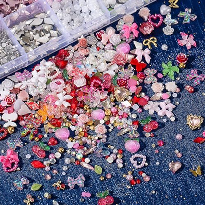 28 Grids Nail Charms Kit with Rhinestones for Nails - 3D Kawaii Bows, Cherry, Flowers, Butterfly, Red Pink Gold Nail Gems, Pearls & Metal Studs - DIY Manicure Art Supplies with Wax Pen & Tweezers