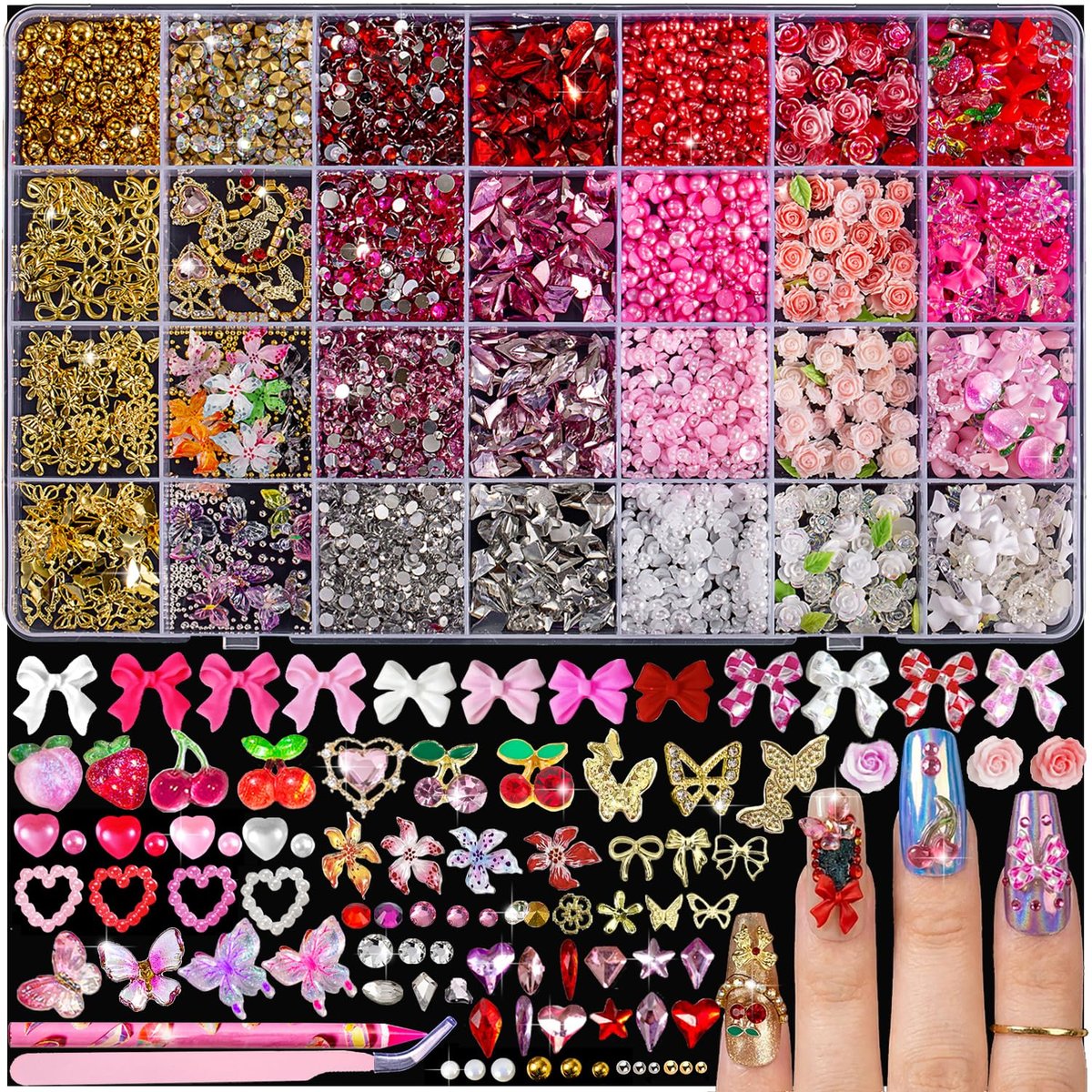 28 Grids Nail Charms Kit with Rhinestones for Nails - 3D Kawaii Bows, Cherry, Flowers, Butterfly, Red Pink Gold Nail Gems, Pearls & Metal Studs - DIY Manicure Art Supplies with Wax Pen & Tweezers - görsel 1