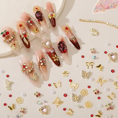 28 Grids Nail Charms Kit with Rhinestones for Nails - 3D Kawaii Bows, Cherry, Flowers, Butterfly, Red Pink Gold Nail Gems, Pearls & Metal Studs - DIY Manicure Art Supplies with Wax Pen & Tweezers - görsel 6