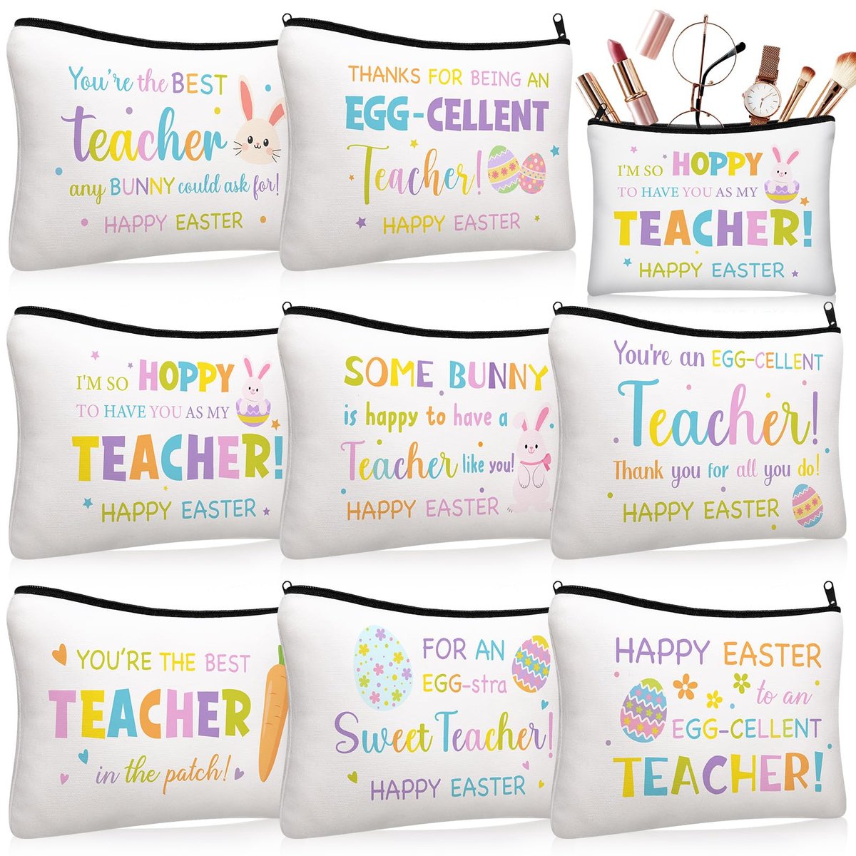 Tallew 8-Pack Easter Teacher Appreciation Gifts Bulk - Bunny Eggs Cosmetic Makeup Bags for Women, Birthday, and Holiday Giving - görsel 1