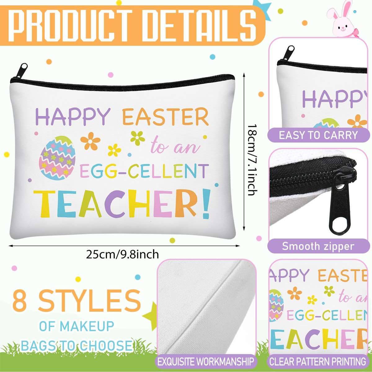 Tallew 8-Pack Easter Teacher Appreciation Gifts Bulk - Bunny Eggs Cosmetic Makeup Bags for Women, Birthday, and Holiday Giving - görsel 3