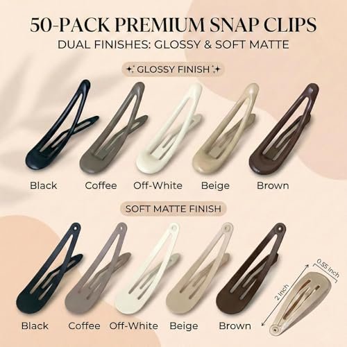 50Pcs Snap Hair Clips for Women Girls, 2 Inch Metal Hair Barrettes in 5 Natural Colors, Non Slip Hair Pins with Storage Box (Glossy & Matte Mixed) Avelisse